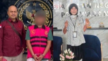 Kolase foto tersangka Hendri saat akan dijebloslan ke sel tahanan dan saat kuasa hukum Dr. Can. Nurul Hidayah, S.H., M.H., CPM, dari Lembaga Bantuan Hukum (LBH) Cahaya Keadilan saat berada di Kejari Pesawaran | Ist.