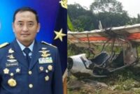 Kolase foto Marsma TNI Fajar Adriyanto semasa hidupny dan kondisi pesawat capung usai mengalami kecelakaan, Minggu 3 Agustus 2025 |