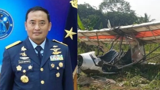Kolase foto Marsma TNI Fajar Adriyanto semasa hidupny dan kondisi pesawat capung usai mengalami kecelakaan, Minggu 3 Agustus 2025 |