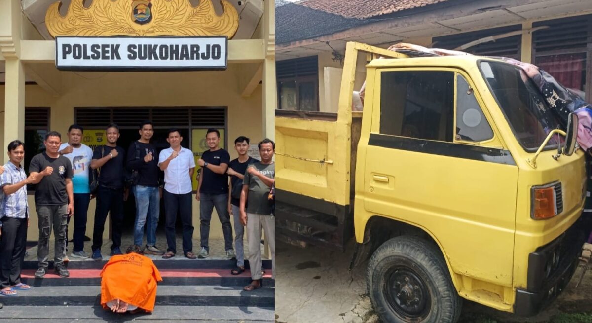 Kolase foto saat tersangka berada di Polsek Sukoharjo, Pringsewu Selasa 2 September 2025 dan mobil korban yang berhasil diamankan | Dok. Humas Polres Pringsewu.