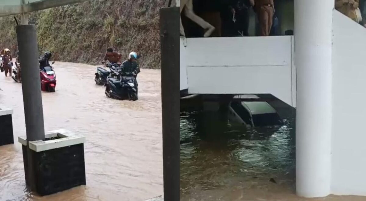 Kolase foto saat para pegawai menuntun sepeda motor mereka dan saat air menerjang basemen merendam 7 mobil di lokasi, Senin 8 September 2025 | Ist.
