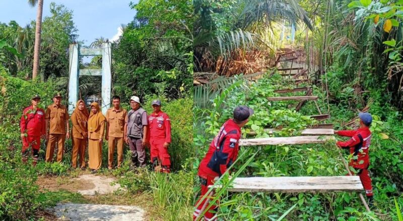 Kolase foto tim VRI saat foto bersama para guru dan saat melakukan pemasangan papan jembatan gantung sungai Sindaur Balak, Tampang Muda, Pematang Sawa, Tanggamus, Kamis 11 September 2025 | Dok. Diskominfotik Provinsi Lampung.