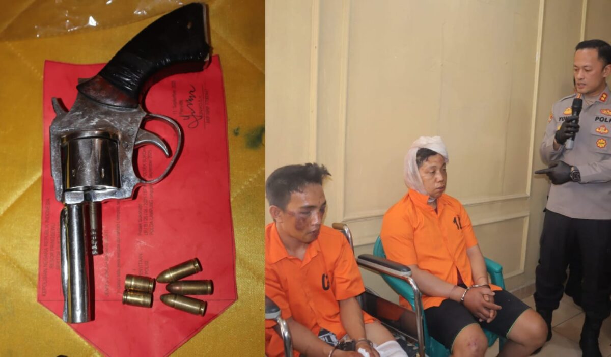 Kolase foto senjata api rakitan yang berhasil diamankan dari tersangka dan saat keduanya dihadirkan dalam konferensi pers di Mapolres Pringsewu, Jumat 12 September 2025 | Samuel/Media Prioritastv.com.