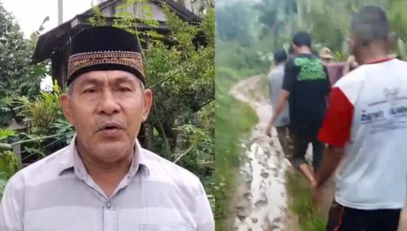 Kolase foto Kakon Sanggi Unggak BNS Tanggamus, Abu Sahlan saat memberikan katerangan, Jumat 12 September 2025 dan tangkapan layar warga membawa pasien pakai tandu di jalan rusak, Kamis 11 September 2025 | Herdi/Media Prioritastv.com.