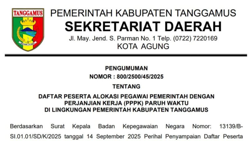 Pengumuman PPPK Paruh Waktu Pemkab Tanggamus Tahun Anggaran 2024 | Dok. Pemkab Tanggamus.