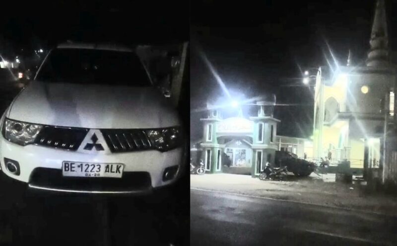 Kolase foto mobil Fortuner plat BE 1223 ALK dan lokasi jalan tempat kecelakaan, Senin 15 September 2025 | Dok. Tangkapan Layar Video.