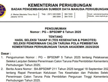 Pengumunan hasil seleksi tahap III (tahap kesehatan dan psikotes) seleksi penerimaan calon taruna pola pembibitan Kemenhub tahun akademik 2026/2026 | Dok. Kemenhub.