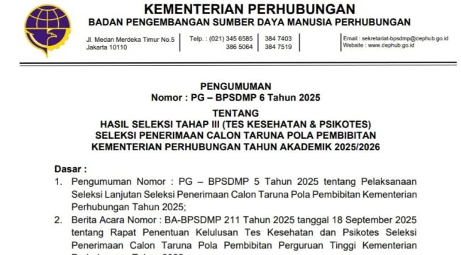 Pengumunan hasil seleksi tahap III (tahap kesehatan dan psikotes) seleksi penerimaan calon taruna pola pembibitan Kemenhub tahun akademik 2026/2026 | Dok. Kemenhub.