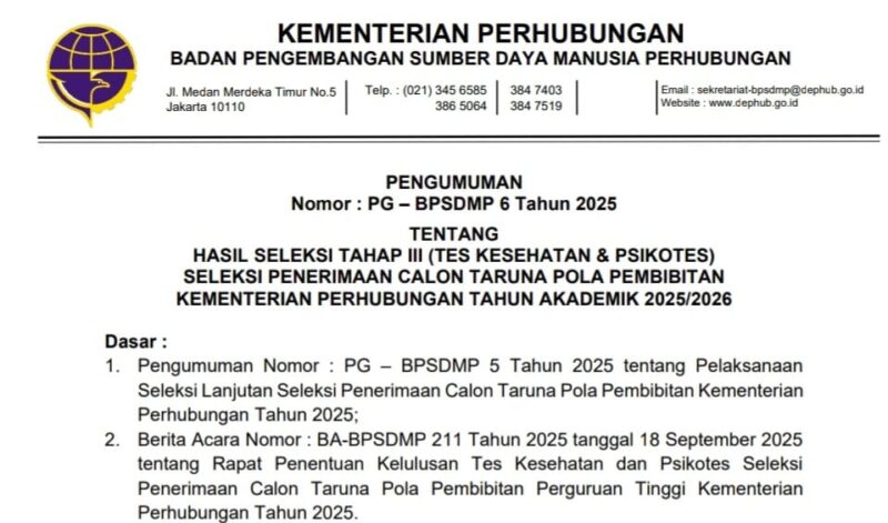 Pengumunan hasil seleksi tahap III (tahap kesehatan dan psikotes) seleksi penerimaan calon taruna pola pembibitan Kemenhub tahun akademik 2026/2026 | Dok. Kemenhub.