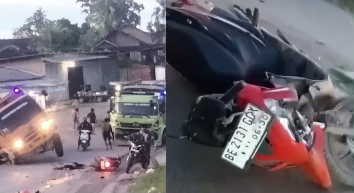 Kolase foto saat situasi kecelakaan baru terjadi dan plat motor korban, Minggu 21 September 2025 yang serinya tidak terbaca jelas | Dok. Tangkapan Layar Video.