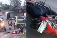 Kolase foto saat situasi kecelakaan baru terjadi dan plat motor korban, Minggu 21 September 2025 yang serinya tidak terbaca jelas | Dok. Tangkapan Layar Video.