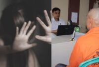 Kolase foto ilustrasi pencabulan anak dan saat tersangka dalam proses pemeriksaan Polres Pringsewu |