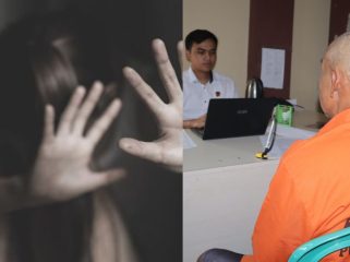Kolase foto ilustrasi pencabulan anak dan saat tersangka dalam proses pemeriksaan Polres Pringsewu |