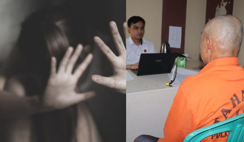 Kolase foto ilustrasi pencabulan anak dan saat tersangka dalam proses pemeriksaan Polres Pringsewu |