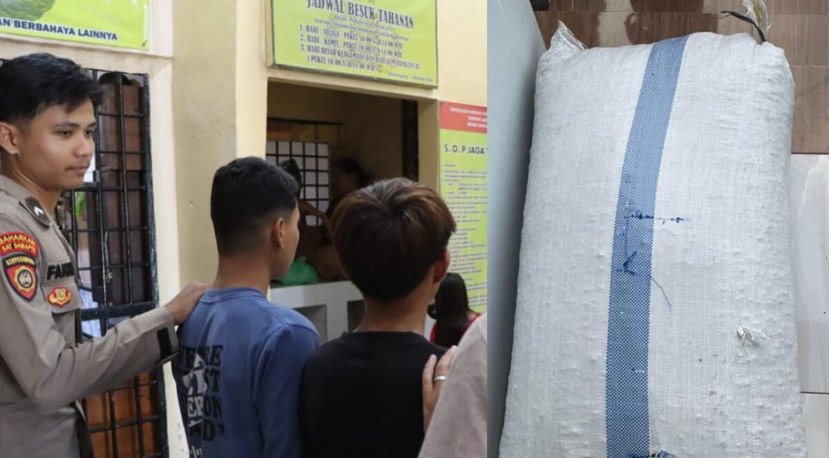 Kolase foto saat kedua tersangka berada di Polres Tanggamus, Kamis 15 Oktober 2025 dan barang bukti kapulaga kering yang sempat dicuri mereka | Dok | Humas Polres Tanggamus.