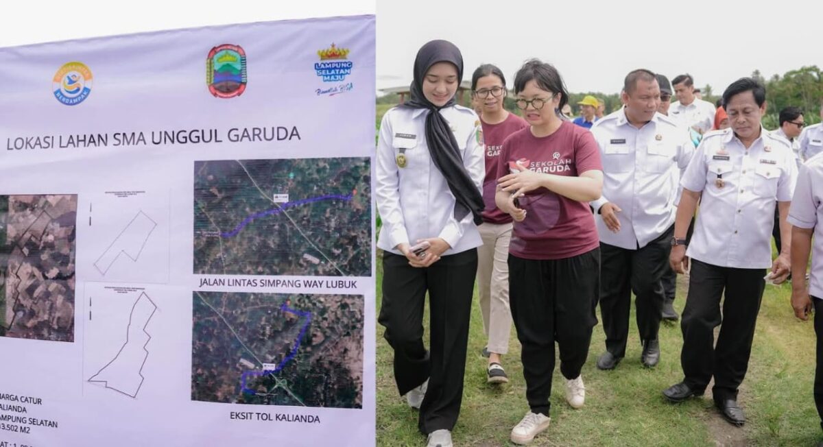 Kolase foto peta calon sekolah Garuda dan saat Wamendiktisaintej Stella Cristie dan Wabup Lampung Jihan Nurlela meninjau lahan setempat, Rabu 22 Oktober 2025 | Dok. Kominfotik Lampung.