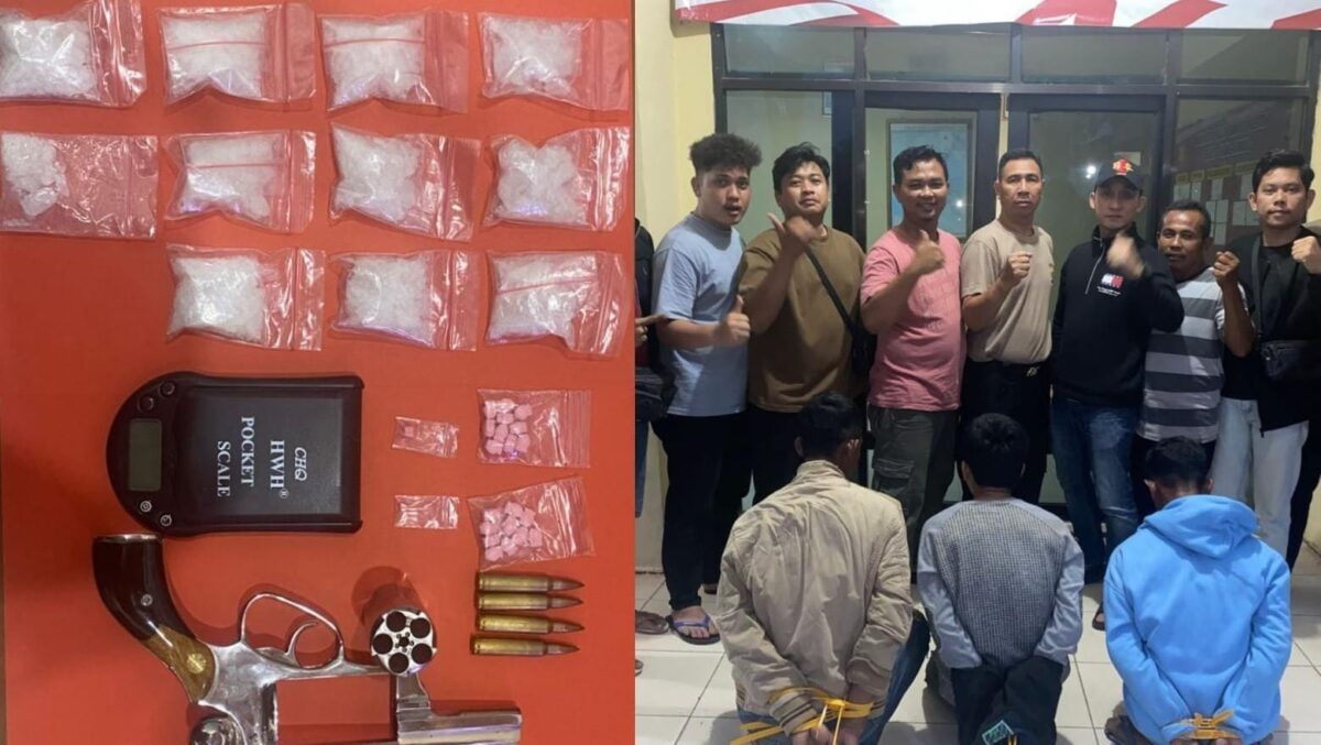 Kolase foto barang bukti Narkoba dan Senjata Api yang diamankan polisi serta tiga tersangka yang berhasil dibekuk, Selasa 21 Oktober 2025, dinihari | Dok. Humas Polres Tulang Bawang.