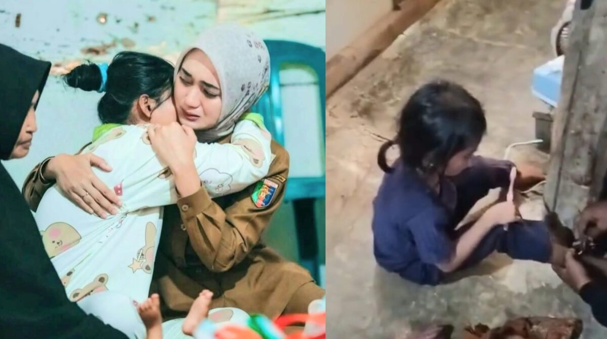 Kolase foto saat ibunda S menceritakan kesedihan kepada Wagub Jihan dan saat S dalam cengkraman rantai di rumahnya | Ist.