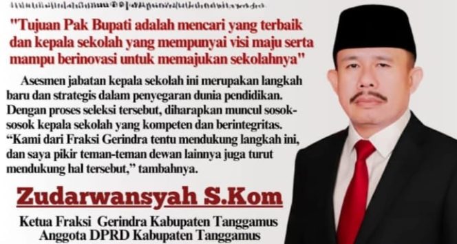 Zudarwansyah, Ketua Fraksi Gerinda Tanggamus dengan kutipan statment flyer yang diterima Media Prioritastv.com, Jumat 24 Oktober 2025 | Ist.