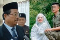 Kolase foto Bupati Aceh Singkil, Safriadi Manik alias Oyon saat memberikan keterangannya kepada wartawan di ruang offroom Kantor Bupati, Jumat (24/10/2025) dan foto pasangan Melda bersama suaminya |