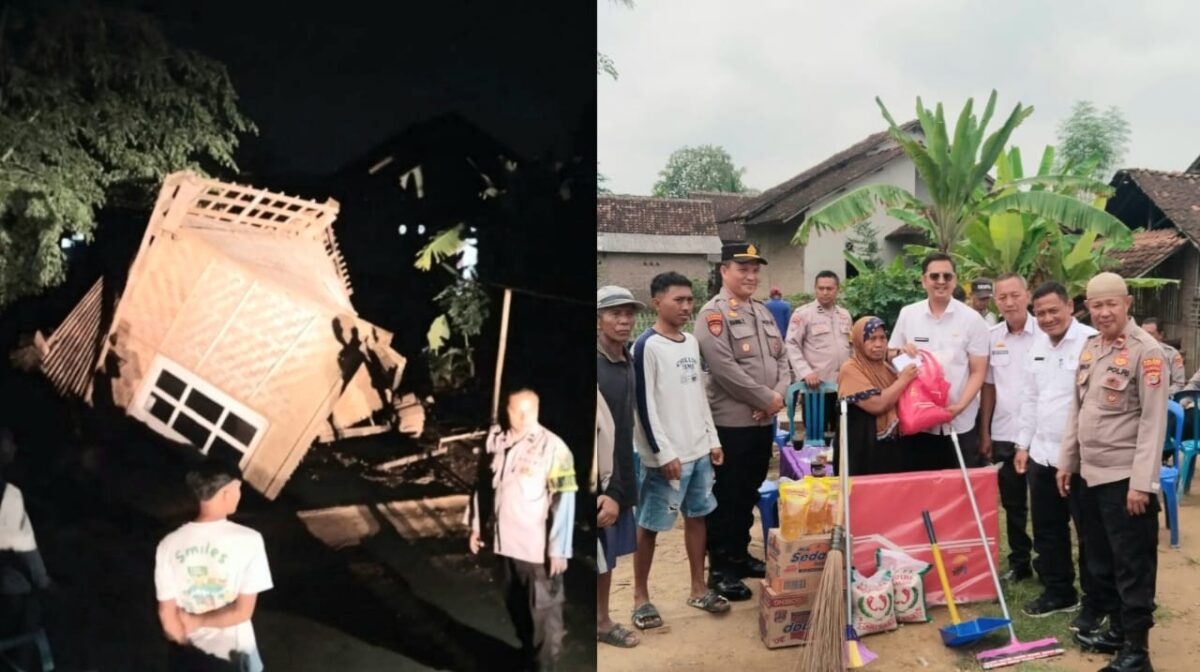 Kolase foto saat rumah nenek Sukariah ambruk Selasa 4 November 2025 dan saat rombongan Kapolsek Pringsewu Kota menyerahkan bantuan, Rabu 5 November 2025 | Dok. Humas Polres Pringsewu.