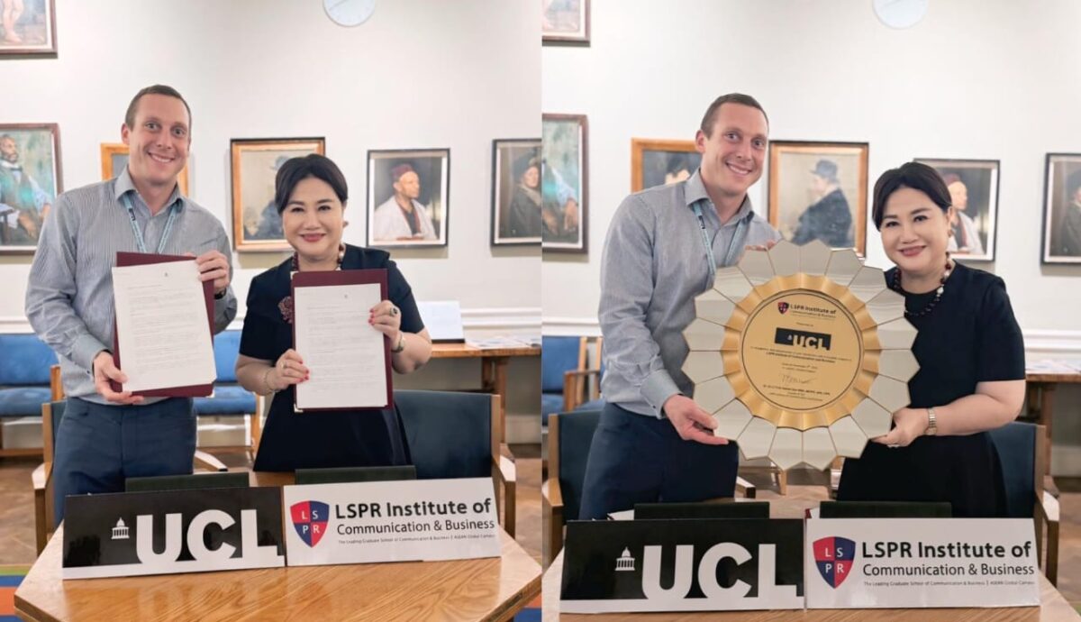 Kolase foto saat Dr. (H.C) Prita Kemal Gani, MBA, MCIPR, APR, FIPR, selaku Founder & CEO LSPR Institute of Communication and Business, dan Mr. Rhod Fiorini, Head of UCL Summer School Programme menujukan berkas kerjasama, Senin 3 November 2025 | Dok. LSPR.