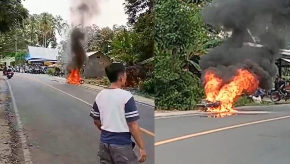 Kolase foto saat motor Honda Beat Pop milik Andi warga Pekon Negeri Ratu saat terbakar di Jalinbar Terbaya, Kota Agung, Tanggamus, Rabu 5 November 2025, lalu | Dok. Warga/Media Prioritastv.com.