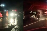 Kolase foto saat Damkar memadamkan api dibawah tangki truk di Jalinbar Siring Betik, Wonosobo, Tanggamus, Minggu 9 November 2025, malam | Dok. Warga Jasri.