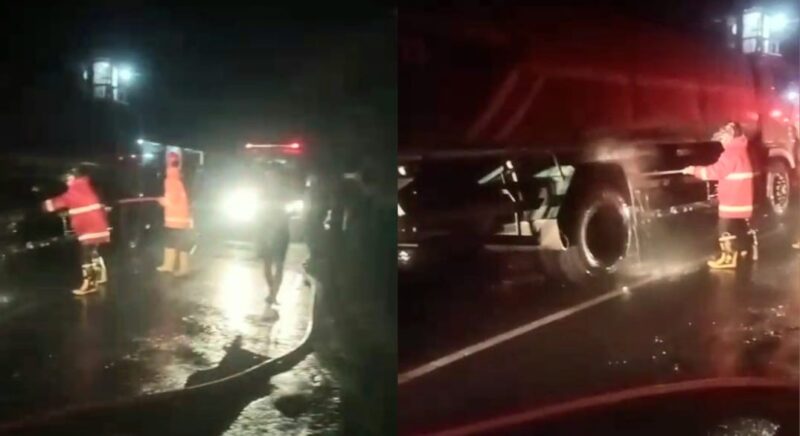 Kolase foto saat Damkar memadamkan api dibawah tangki truk di Jalinbar Siring Betik, Wonosobo, Tanggamus, Minggu 9 November 2025, malam | Dok. Warga Jasri.