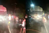 Kolase foto saat petugas Damkarmat berjibaku memadamkan api di bagian belakang truk di Jalinbar Pekon Balak, Wonosobo, Tanggamus, Minggu 9 November 2025 | Dok. Damkarmat Tanggamus.