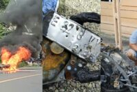 Kolase foto saat motor Andi terbakar di Jalan Raya Terbaya, Kota Agung, Tanggamus dan plat motor serta saat Andi termenung di depan motornya yang hangus, Minggu 9 November 2025 | Herdi/Media Prioritastv.com.