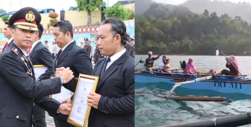 Wakapolres Tanggamus Kompol Gigih Andri Putranto saat menyerahkan penghargaan kepada anggota Polsek Pematang Sawa, Senin 10 November 2025 dan saat personil Polsek Pematang Sawa pada Rabu 27 Agustus 2025, lalu | Ist/Media Prioritastv.com.