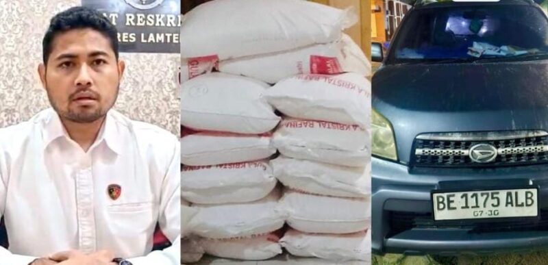 Kolase foto Kasat Reskrim Polres Lampung Tengah AKP Devrat Aolia Arfan saat memberikan keterangan pers dan barang bukti gula serta mobil yang digunakn para pelaku, Rabu 12 November 2025 | Dok. Humas Polres Lampung Tengah.