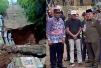 Kolase foto saat jembatan di Gisting Atas, Gisting, Tanggamus ambrol yang diabadikan warga dan saat Bupati bersama Forkopimda meninjaunya, Kamis 13 November 2025 | Ist/Media Prioritastv.com.