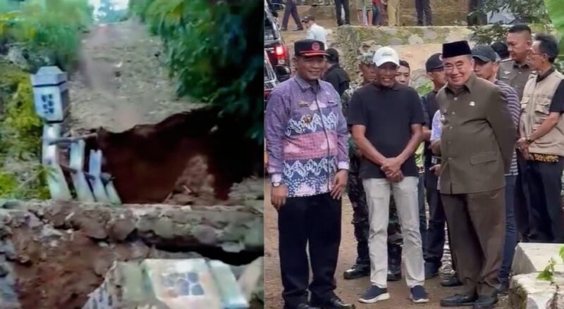 Kolase foto saat jembatan di Gisting Atas, Gisting, Tanggamus ambrol yang diabadikan warga dan saat Bupati bersama Forkopimda meninjaunya, Kamis 13 November 2025 | Ist/Media Prioritastv.com.