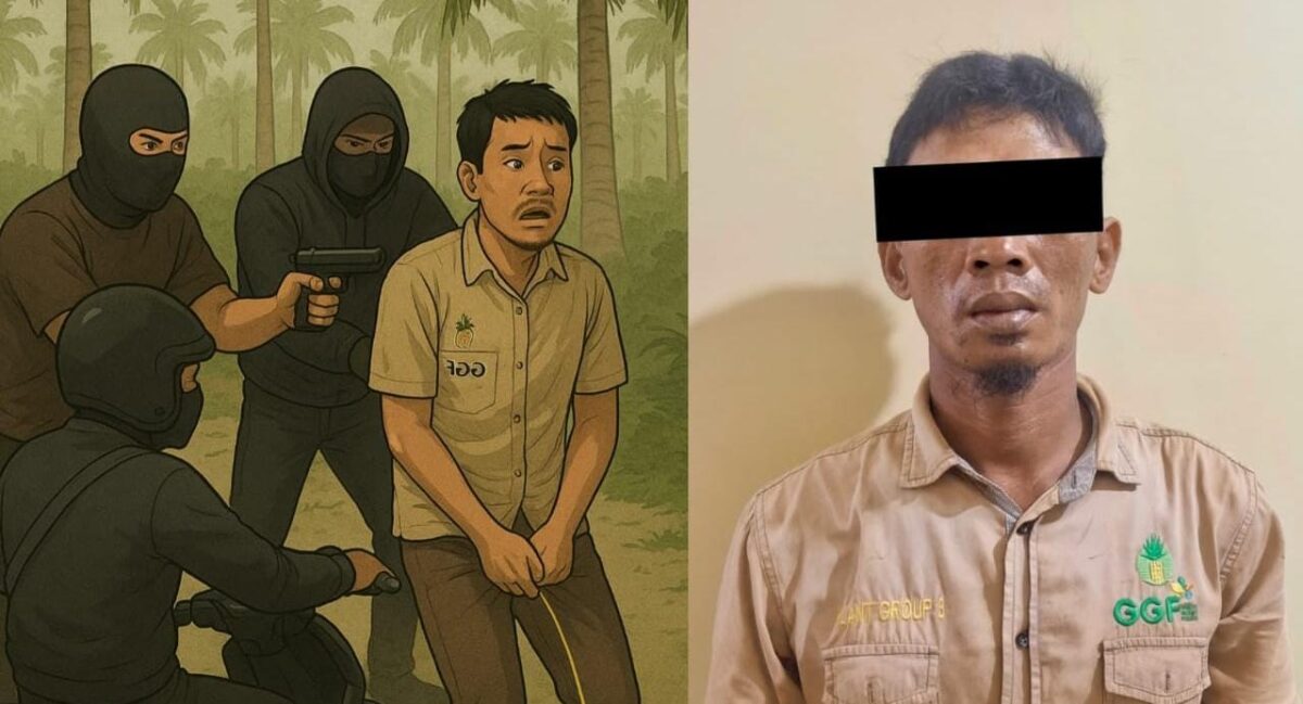Kolase foto ilustrasi pembegalan motor di PT GGF Lampung Tengah dan tersangka yang ditangkap polisi, Jumat 14 November 2025 | Ist/PolresLamteng/Media Prioritastv.com.
