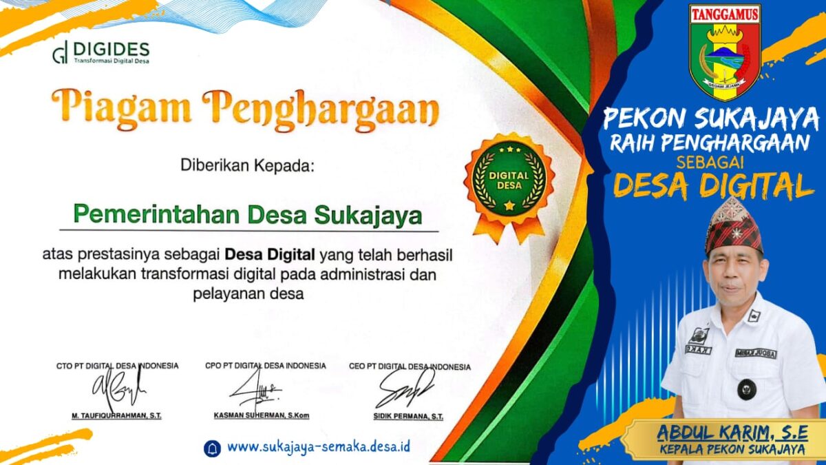 Piagam Penghargaan Desa Digital, Pekon Sukajaya, Semaka, Tanggamus | Dok. Web Desa Sukajaya.