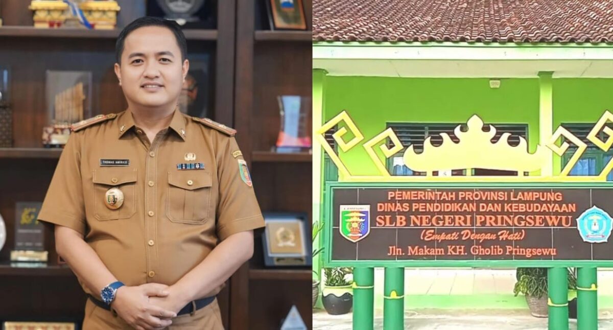 Kolase foto Kadis Pendidikan Provinsi Lampung Thomas Amirico dan plang SLBN Pringsewu, Selasa 18 November 2025 | Ist/Media Prioritastv.com.