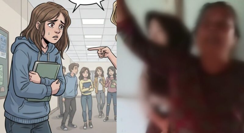 Kolase foto ilustrasi perudungan pelajar dan tangkapan layar video saat ibu diduga pelaku memberikan penjelasan kepada sang perekam video, Selasa 18 November 2025 | Ilustrasi Media Prioritastv.com.