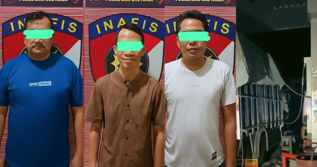 Kolase foto ketiga pelaku yang ditetapkan menjadi tersangka penyalahgunaan BBM Subsidi dan saat mobil truk yang berada di SPBU | ist/Media Prioritastv.com.