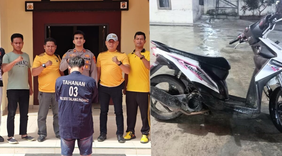 Kolase foto saat tersangka Nazril sampai di Polsek Talang Padang dan sepeda motor korban yang berhasil disita dari penadahnya pada Minggu 16 November 2025 | Dok. Humas Polres Tanggamus.