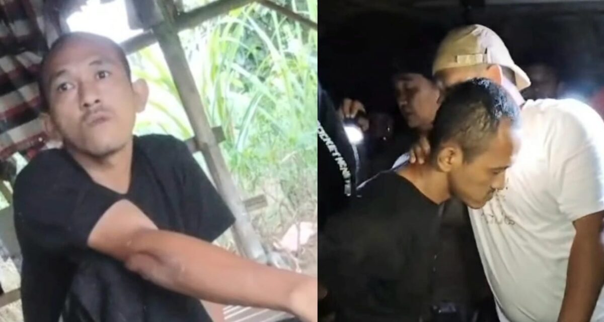 Kolase foto saat pertama kali Rustam ditemukan oleh warga dan saat petugas gabungan menangkapnya di gubuk ladang Palputih 1, Karang Anyar, Jati Agung, Lampung Selatan, Sabtu 22 November 2025, malam | ist/Media Prioritastv.com.