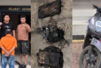 Kolase foto usai tersangka ditangkap dan ilustrasi kebakaran handphone dan barang bukti sepeda motor yang diamankan Polsek Pulau Panggung, Sabtu 29 November 2025.