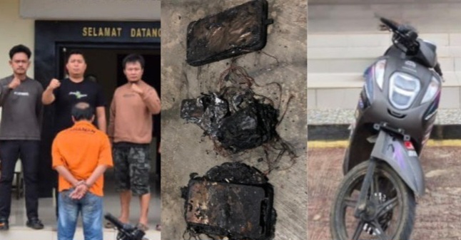 Kolase foto usai tersangka ditangkap dan ilustrasi kebakaran handphone dan barang bukti sepeda motor yang diamankan Polsek Pulau Panggung, Sabtu 29 November 2025.