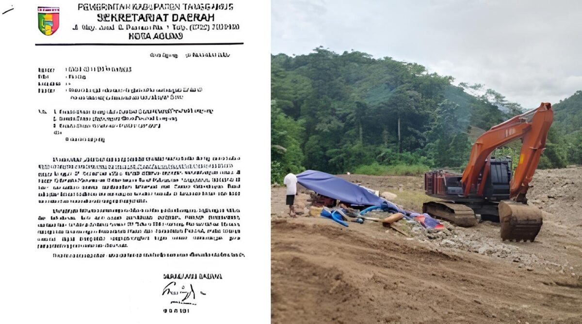 Kolase foto surat Sekda Tanggamus ke Provinsi dan lokasi tambang yang ditulis media online |