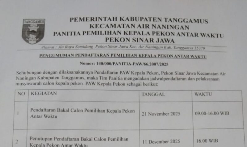 Jadwal Pilkakon PAW Pekon Sinar Jawa, Air Naningan, Tanggamus | ist/Media Prioritastv.com.