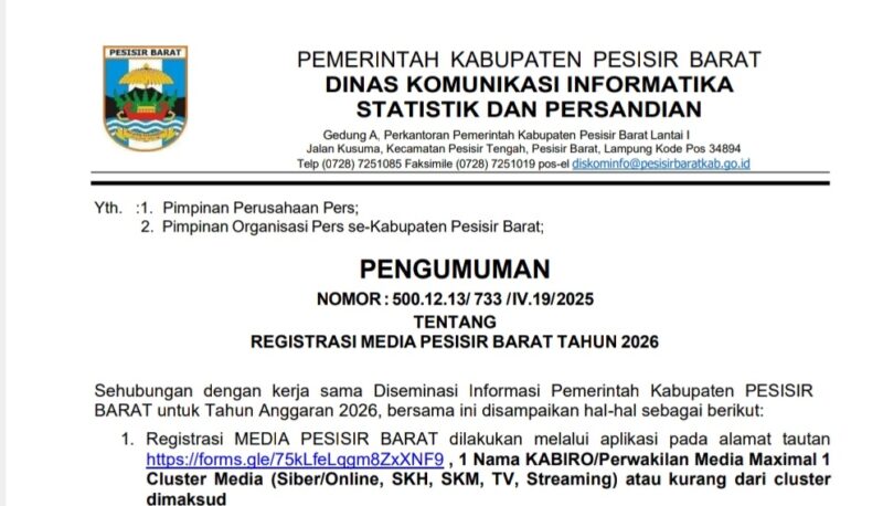 Pengumunan Registrasi Kerjasama Media Pesisir Barat 2026 | Dok. Diskominfotiksan Pesibar.