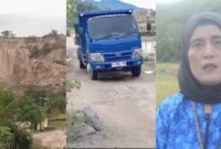 Kolase foto gunung yang ditambang di Pekon Tambah Rejo, Gading Rejo, Pringsewu. Kendaraan yang membawa hasil galian dan praktisi hukum Nurul Hidayah saat memberikan keterangan pers, Rabu 12 November 2025 | Laila/Media Prioritastv.com.