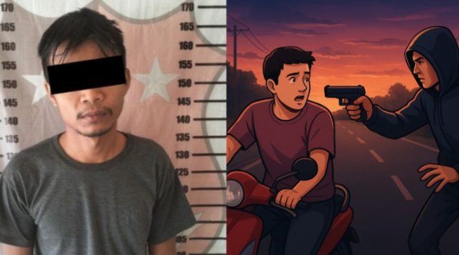 Kolase foto saat tersangka hendak dijebloskan penjara dan ilustrasi pembegalan seperti yang dilaporkan tersangka pada 19 November 2025 | ist/Media Prioritastv.com.