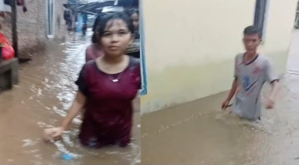 Warga saat melintasi jalanan lingkungan yang banjir di Lingkungan Kapuran, Pasar Madang, Kota Agung, Tanggamus, Rabu 3 Desember 2025, sore | warga/Media Prioritastv.com.